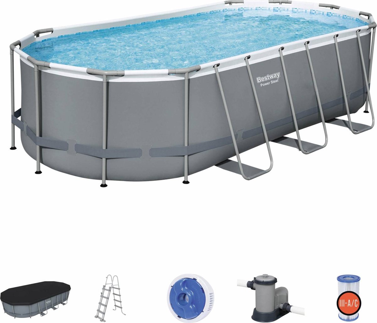 Alice's Garden Compleet BESTWAY zwembad SPINELLE – Ovaal frame zwembad - 5x3m - inclusief accessoires - Grijs