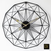 LW Collection Megan 60cm moderne wandklok zwart met gouden wijzers - Industriële muurklok metaal - Moderne wandklok