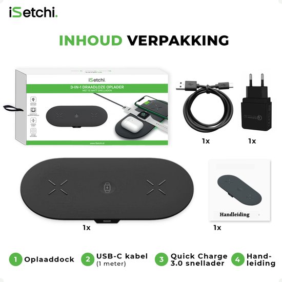 iSetchi 3-in-1 Draadloze Oplader (15W snellader) – Inclusief QC 3.0 Adapter - Voor Apple iPhone, Watch - Airpods & Pro - Samsung Android & Galaxy Buds - Draadloos Qi Station Telefoon Lader - Zwart - iSetchi