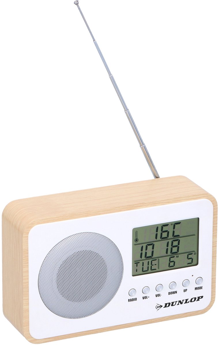 Dunlop Wekkerradio - Wekkerradio Digitaal - met Kalender en Thermometer - 2x AA (excl.) - Houtlook
