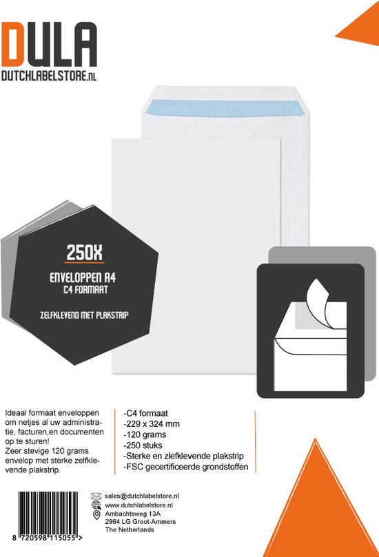DULA - Enveloppes C4 format A4 blanc - 229 x 324 MM - 250 pièces - Autocollant avec bande adhésive - 120 Grammes