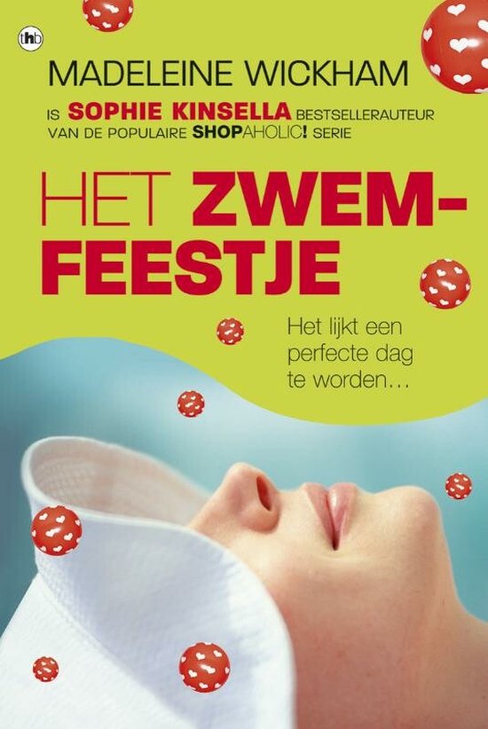 Boekomslag 'Het Zwemfeestje' met rode tekst op een lichtgroene achtergrond. Een gezicht van een vrouw is zichtbaar.