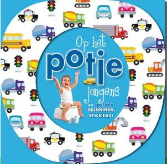 Jongen op het potje, omringd door stickers van voertuigen zoals politieauto's, bussen, vrachtwagens en een graafmachine. Inclusief de tekst 'Op het potje jongens, met speciale beloningsstickers!'