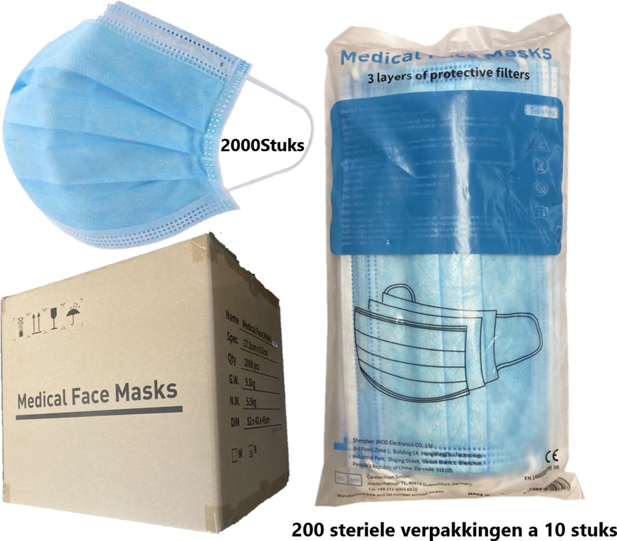 2000 stuks wegwerp medische mondkapjes type IIR / 2R - 200 steriele poly-bag verpakkingen a 10 stuks - Chirurgische Mondkapjes - Wegwerp Mondmaskers