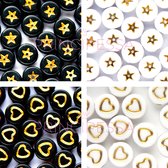 Symbolenkralen set – Sterretjes – Hartjes – Unieke mix 200 stuks – Zwart/Goud – Wit/Goud – 7mm kraal – Past bij letterkralen set– Zelf sieraden maken voor kinderen en volwassenen –