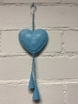 Decoratieve metalen hanger met hart + bellen - blauw - lengte 32x10x10cm - Woonaccessoires - Decoratieve hangers