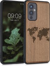 kwmobile telefoonhoesje geschikt voorOnePlus 9 (EU/NA Version) - Hoesje met bumper - walnoothout - In donkerbruin Wereldkaart design