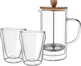 Florina Malachit dubbelwandige french press / cafetiere met 2 dubbelwandige glazen - Set van 3 - Vaatwasserbestendig - Gehard glas