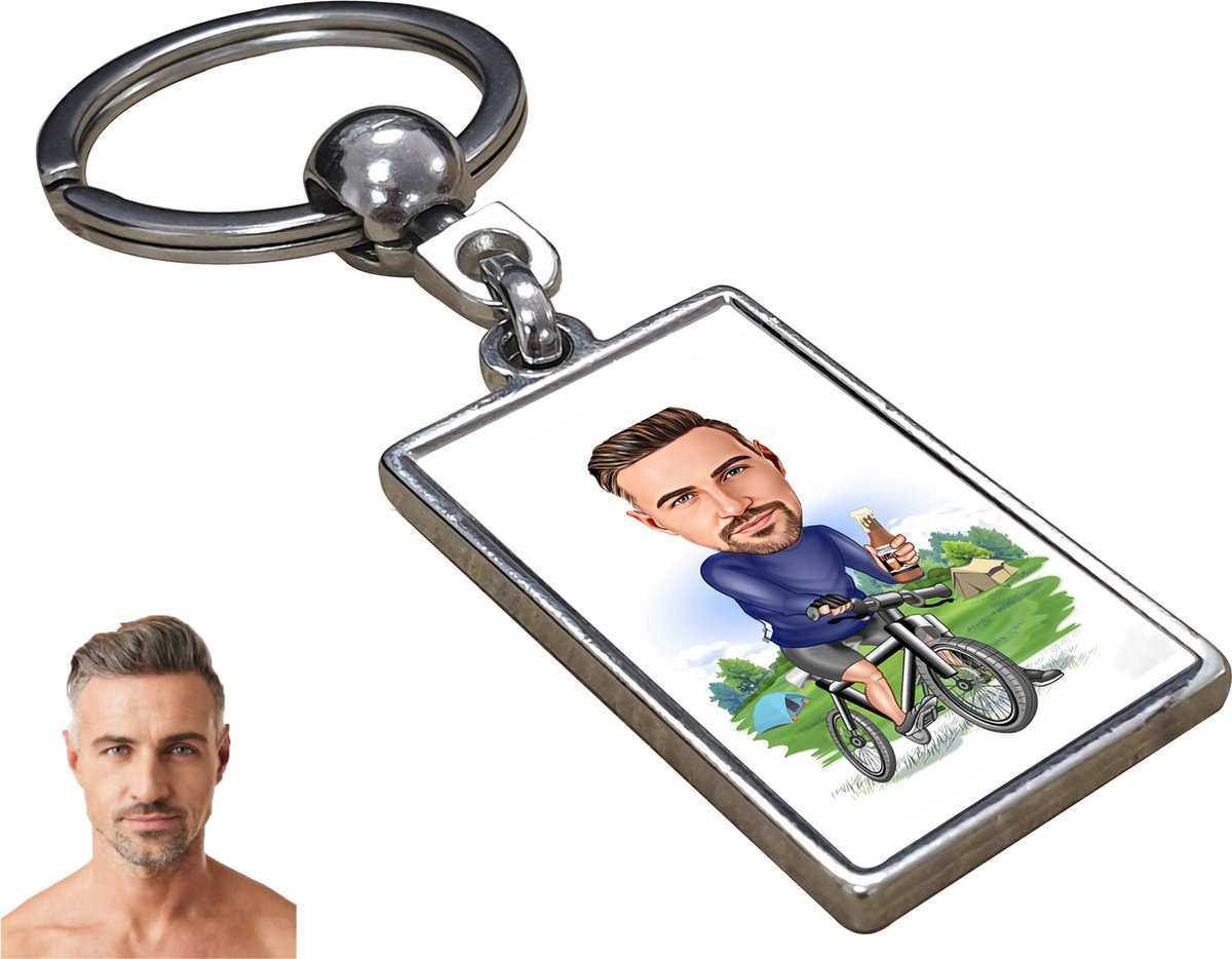 Fiets Karikatuur - Gepersonaliseerde Karikatuur Sleutelhanger met Jouw Foto - Cadeau - Verjaardag - Kerst - Kado - Valentijn - Vaderdag - Vaderdag cadeautje - Vaderdag cadeau voor papa - Gepersonaliseerd Cadeau