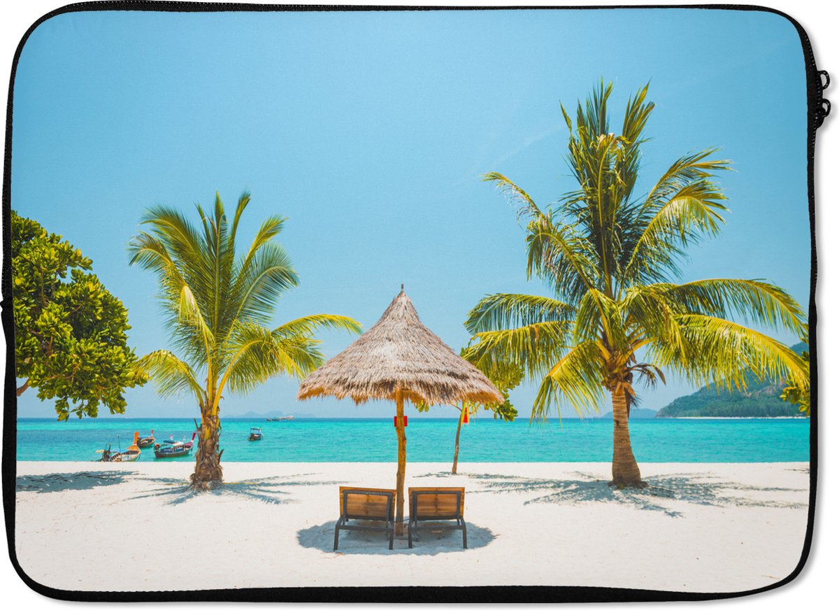 Laptophoes 14 inch - Strand - Parasol - Palmboom - Laptop sleeve - Binnenmaat 33x23 cm - Zwarte achterkant