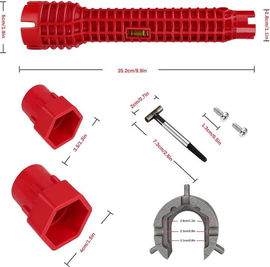Omeram® Kraan en gootsteen sleutel (8-in-1) - Multifunctioneel - Pijpsleutel - Wastafel / aanrecht / kraan / keuken / badkamer moersleutel -  Gereedschap voor waterleiding - Rood