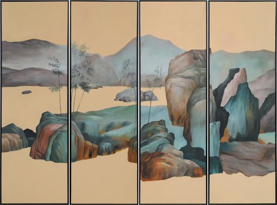 Fine Asianliving Olieverf Schilderij 100% Handgeschilderd 3D met Reliëf Effect en Zwarte Omlijsting 50x150cm Landschap