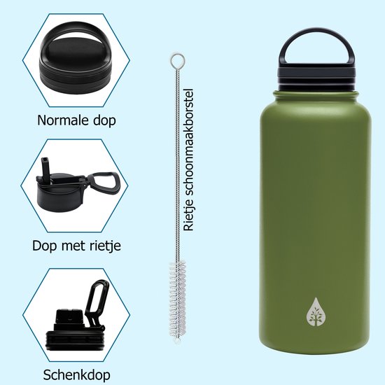 Waterfles 1 liter drinkfles met rietje Waterjug volwassenen Complete Set RVS