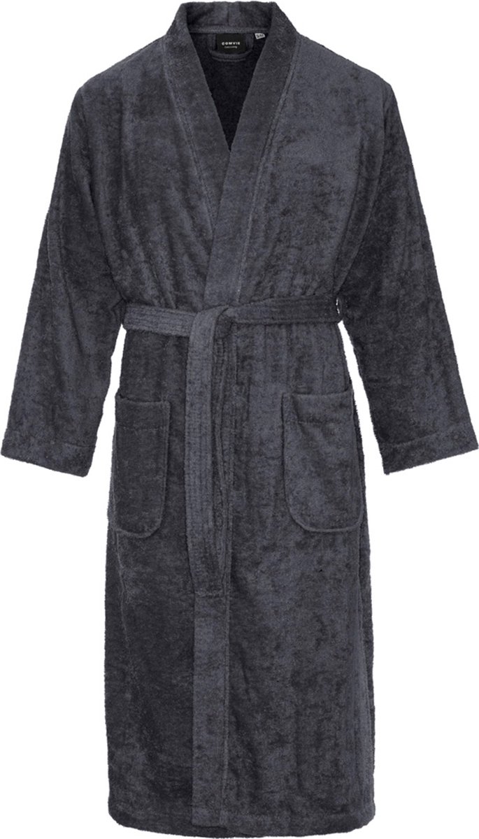 Kimono badstof katoen – lang model – unisex – badjas dames – badjas heren – sauna – donkergrijs – L/XL
