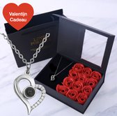 Mea Manu® I Love You Ketting in 100 Talen - Zilver - Moederdag - Moederdag cadeautje - Cadeautje voor vrouw - Valentijn Geschenkset - Rozen Giftbox met ketting - 12x rode zeeprozen