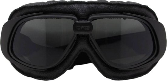 CRG retro, zwart leren motorbril - smoke glas