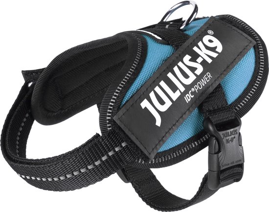 Blauw Julius-K9 IDC Power hondentuigje met zwarte banden, gesp en reflecterende details