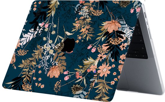 MacBook Pro avec une housse bleu foncé ornée d'un imprimé floral aux teintes rose, orange et beige.