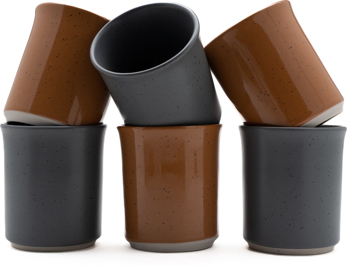 Kade 171 - Koffiekopjes - set van 6 kopjes - 150ML - bruin - grijs - keramiek - hip en trendy