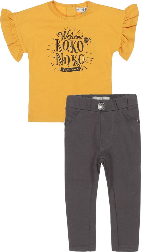 Koko Noko - Kledingset(2delig) -Broek bruin - Shirt geel - Maat 98