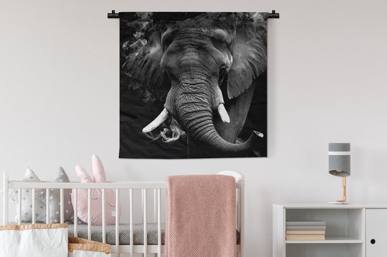 Wandkleed - Wanddoek - Olifant - Rook - Tanden - Zwart - Wit - 90x90 cm - Wandtapijt