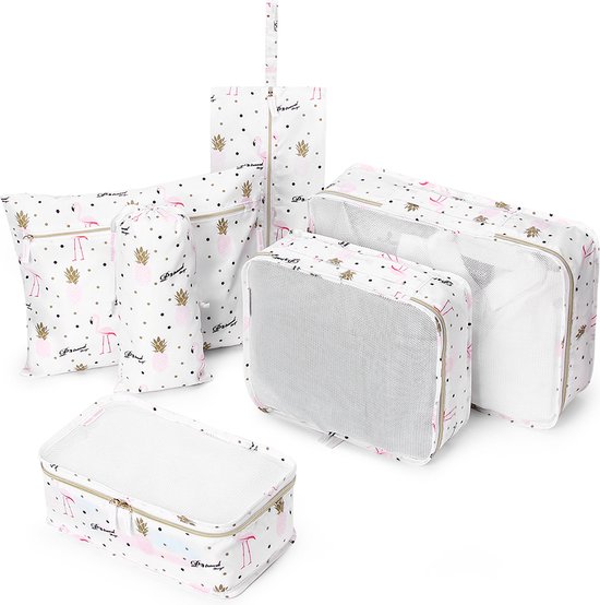 Qpacks - Funky Flamingo Packing Cubes set 6-delig - Waterdicht - Patroon - Wit Print - Toilettas - Koffer Organiser - Backpack
