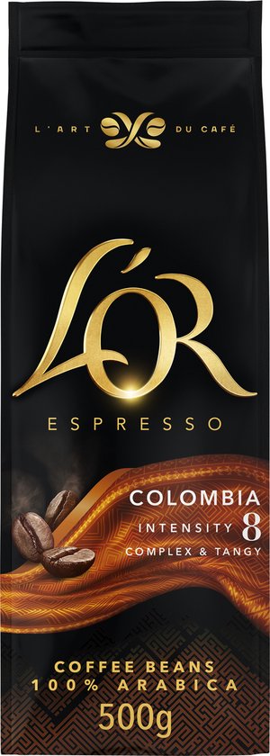 Zwarte verpakking van L'OR ESPRESSO met de tekst COLOMBIA INTENSITY 8 COMPLEX & TANGY. KOFFIEBONEN 100% ARABICA 500g.