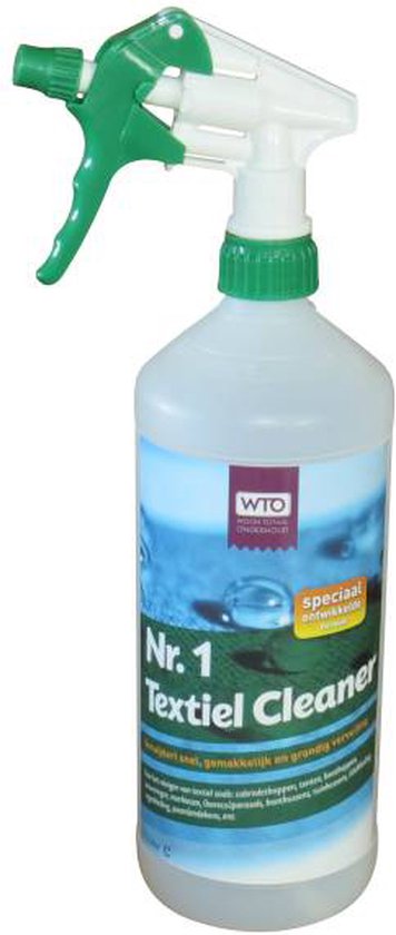 Een spuitfles met "Nr. 1 Textiel Cleaner" label erop.