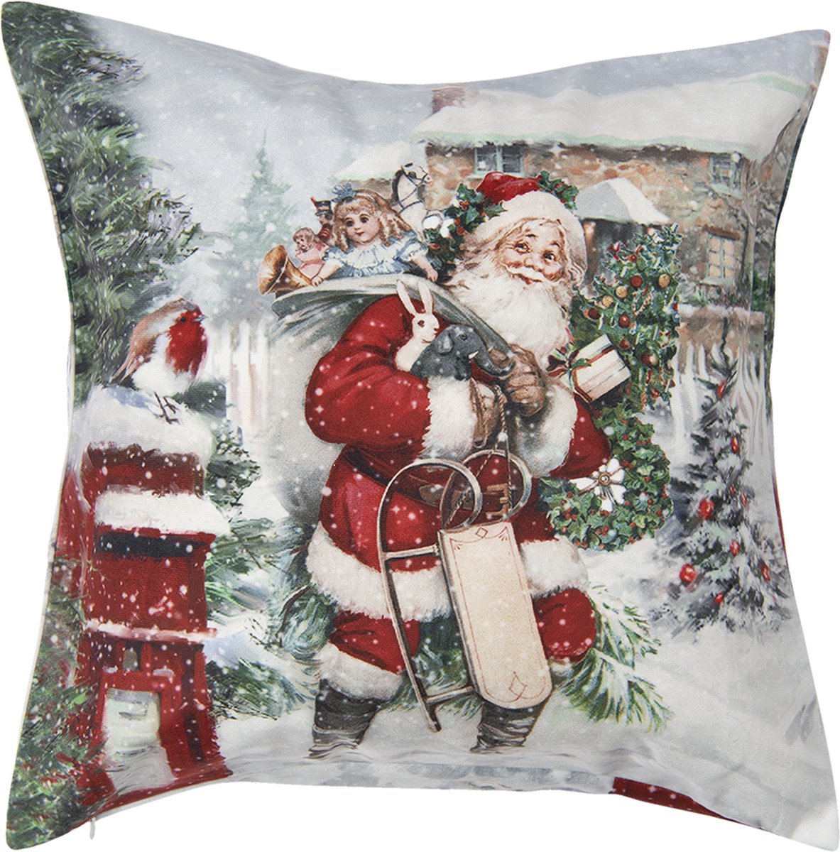 Clayre & Eef Kussenhoes 45x45 cm Wit Polyester Kerstman