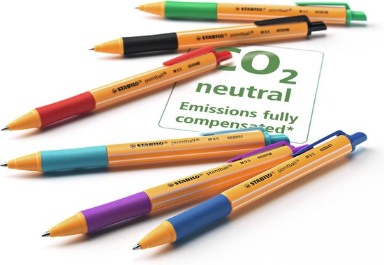 Oranje pennen met rode, groene, zwarte, blauwe en paarse grips, met CO2 neutrale tekst