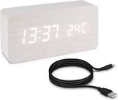 kwmobile digitale wekker in houtlook - Digitale weergave van tijd en temperatuur - Met geluidsactivering - Wit met witte LED verlichting