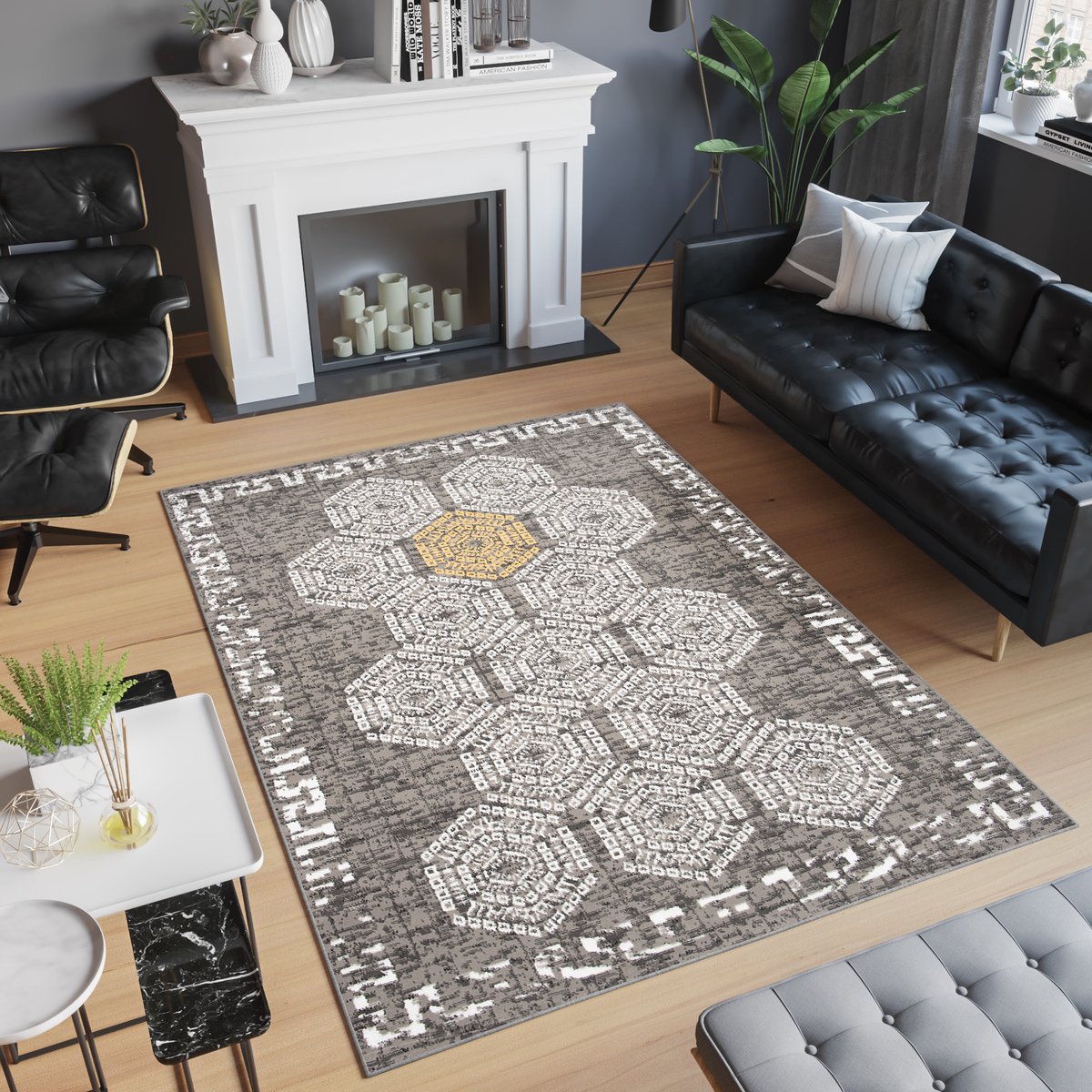 Tapiso Atena Vloerkleed Grijs Wit Oriental Oosters Tapijt Maat- 140x200 Grijs Wit Geel