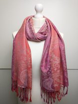 Lange dames sjaal omslagdoek Mirthe paisley motief cerise koraal paars rood