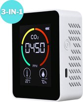 3 in 1 CO2 Meter - Thermometer - Hygrometer binnen - Horeca - Luchtkwaliteitsmeter - Draagbaar en Oplaadbaar - Melder met Alarmfunctie - Wit