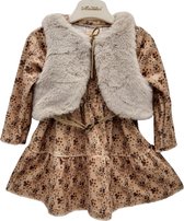 Bucalemun Baby Jurk Set - Camel - maat 86 - 18 mnd - Body- Warmer - Jutten/ Lederen touw -Druk Knopen - Feest kleding - Boxpakje - Lange mouwen - Set van 2 - Fleece stof - Vintage bloemen