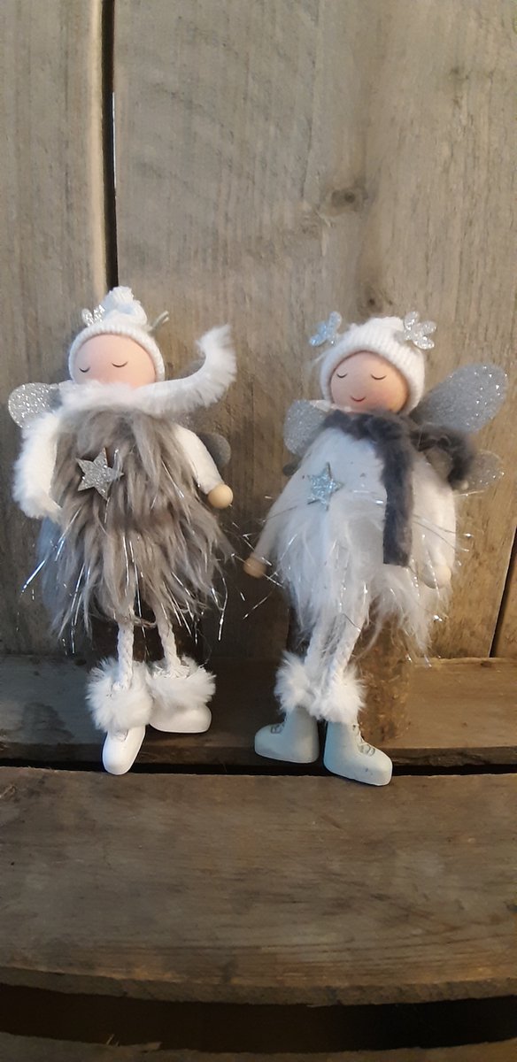 Kerst - Set van 2 - Glitter - Zilver - Wit - op Boomstam - Kerstengel