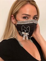 Gezichtsmasker - met zierstenen en poes patroon- Katoene wasbare stoffen masker - Zwart