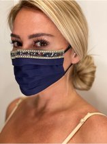 Gezichtsmasker - met zierstenen - Katoene wasbare stoffen masker - marineblauw