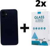 Backcase Carbon Hoesje iPhone 12 Mini Blauw - 2x Gratis Screen Protector - Telefoonhoesje - Smartphonehoesje