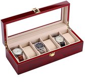 A&K Horlogedoos | Luxe Houten Horloge Box | Geschikt voor Horloges en Sieraden | 6 Compartimenten met 6 Kussentjes | Hout