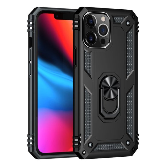 Stevige Magnetische Anti shock ring back cover case Geschikt voor Apple iPhone 13 Pro Max- schokbestendig-TPU met stand Zwart + gratis screenprotector