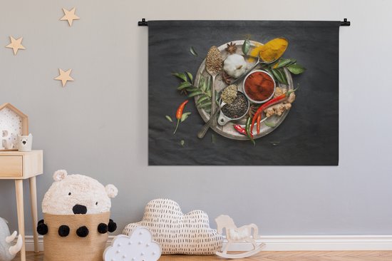 Wandkleed - Wanddoek - Kruiden - Bord - Peper - Zwart - Lepels - Zilver - 120x90 cm - Wandtapijt