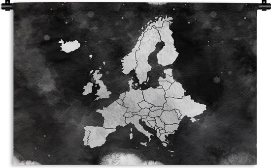 Wandkleed - Wanddoek - Europakaart op een donkere achtergrond - zwart wit - 150x100 cm - Wandtapijt