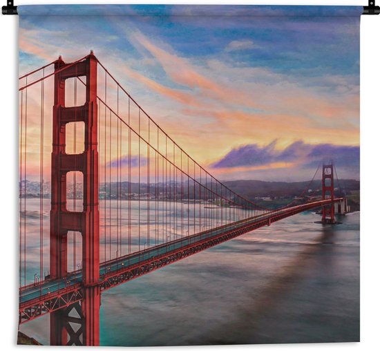 Wandkleed - Wanddoek - Kleurrijke zonsondergang boven de Golden Gate Bridge in San Francisco - 120x120 cm - Wandtapijt