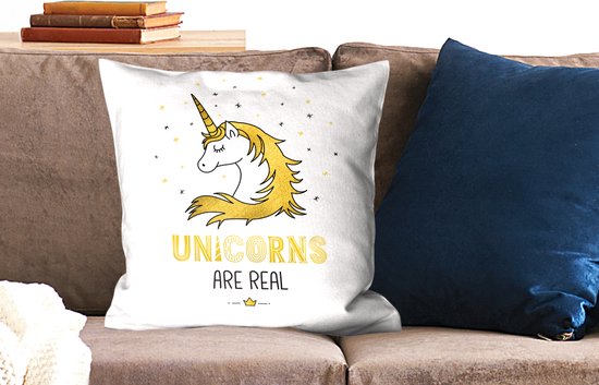Sierkussen décoratif Illustration pour enfants Unicorn pour l'intérieur - Citation de licorne illustration pour enfants - 50x50 cm - Coussin intérieur carré en coton