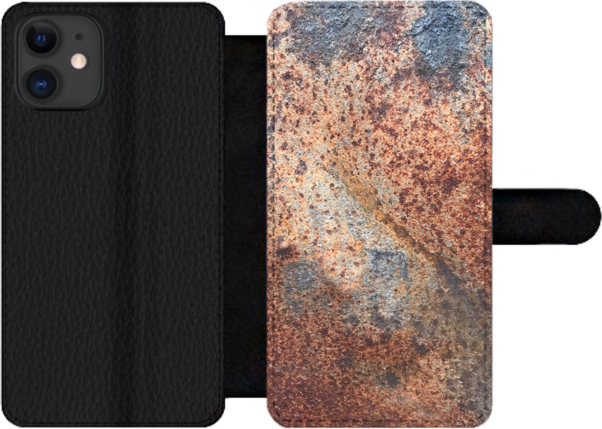 Telefoonhoesje Geschikt voor iPhone 12 Pro Max telefoonhoesje - Roest print - Grijs - IJzer - Met vakjes - Wallet case met magneetsluiting