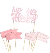 Taart Decoratie - Hip Hip Hooray - Set - Roze - Prikkers - Vlaggetjes