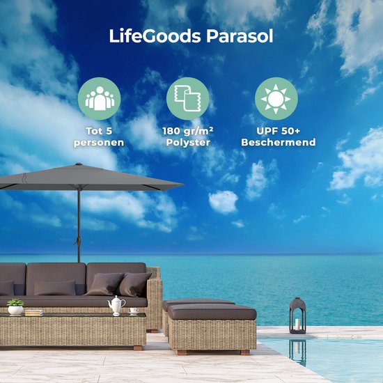 LifeGoods Parasol - 270x180cm - 30° Kantelbaar - Waterdicht - met Hoes - Donkergrijs - LifeGoods