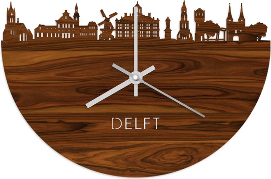 Skyline Klok Delft Palissander hout - Ø 40 cm - Stil uurwerk - Wanddecoratie - Meer steden beschikbaar - Woonkamer idee - Woondecoratie - City Art - Steden kunst - Cadeau voor hem - Cadeau voor haar - Jubileum - Trouwerij - Housewarming -