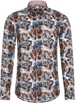 Heren overhemd Lange mouwen - MarshallDenim - Blauw en bruine bloemenprint- Slim fit met stretch - maat S